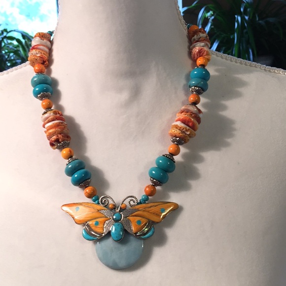 Beautiful handmade stone and shell inlayed butterfly necklace - Picture 2 of 7